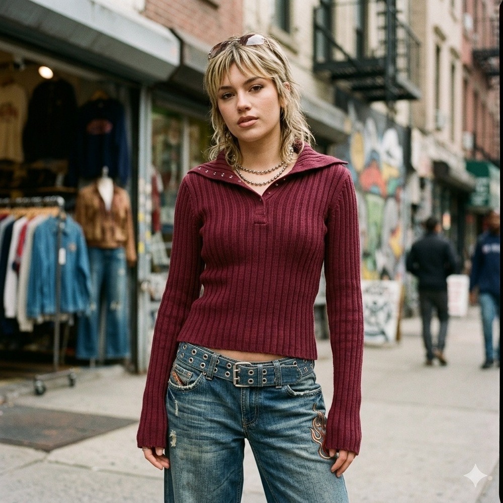 Energie Ribbed Hook & Eye Collar Sweater Small Y2K McBling Grunge Whimsigoth